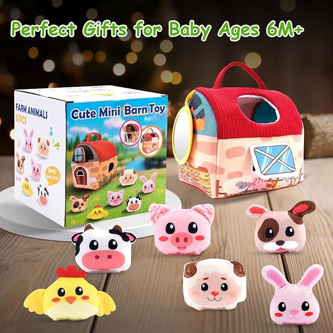Baby Toys 6-12 Months, Soft Barn Toy with 6 Stuffed Farm Animals, Rattle, Crinkle, Mirror, Sensory Toys for Toddlers 1-3, 6 7 8 9 10 Month Old Baby Toys, Montessori Toys Gift for 1 Year Old Boy Girl