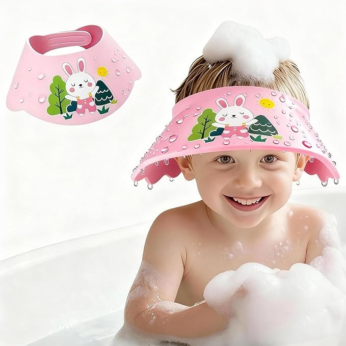 Baby Shower Cap Shield - Adjustable Waterproof Shower Visor for Kids, Soft Baby Hair Washing Shield with Ear Protection, Perfect for Toddlers & Children (White Rabbit)