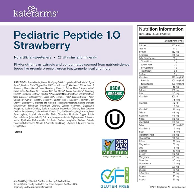 KATE FARMS Organic Pediatric Peptide 1.0 Formula, Strawberry, Sole-Source Hydrolyzed Plant-Based Nutrition for Oral or Tube Feeding, 8.45 oz (12 pack)