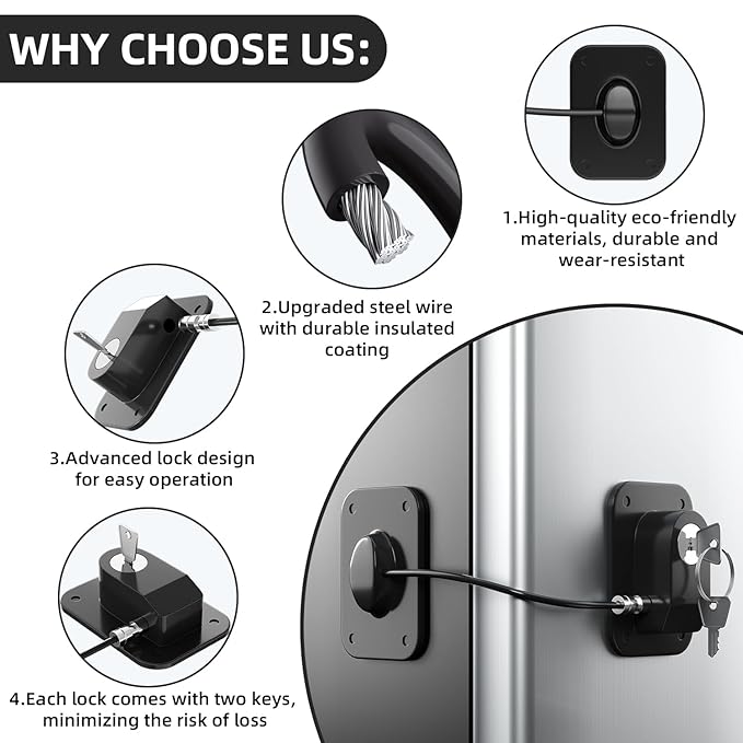 Refrigerator Lock 2 Packs, Fridge Lock with Silicone Wire Protection Fridge Locks for Kids Easy to Use and Install Cabinet Locks with Key, Black