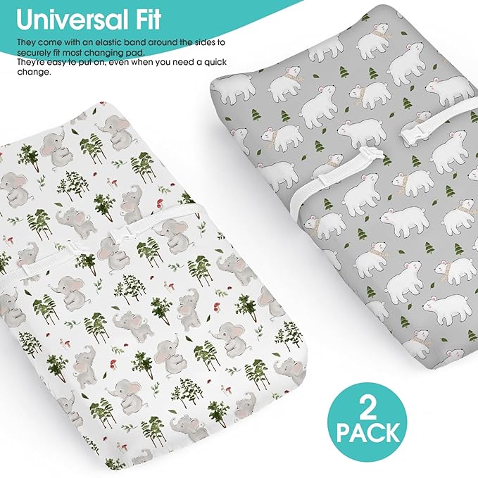 BROLEX Changing Pad Covers for Baby: Boy Girls Ultra Stretchy Soft 2 Pack, Elephants Bears