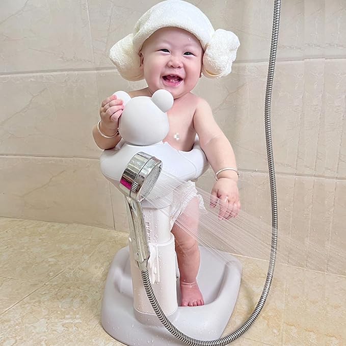 Adjustable Baby Shower Stand with Anti-Slip Base, Huggable Bear Bath Support, Portable Baby Shower Stand, Bath Shower Standing Support Baby Bath Stand for Infants Babys Grey Bear