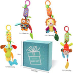 BLOOBLOOMAX Baby Soft Hanging Rattle, Car Seat Stroller Toys with Plush Animal C-Clip Ring for Infant Babies Boys and Girls 3 6 9 to 12 Months (4pcs)