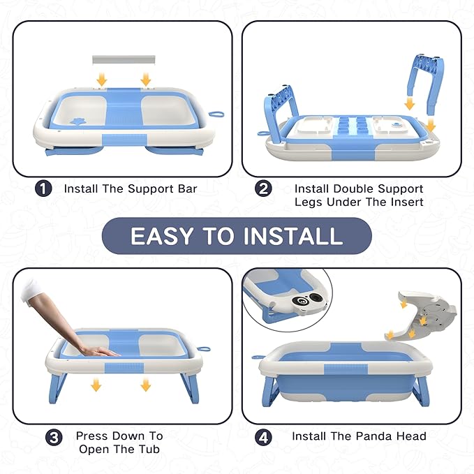 Collapsible Baby Bathtub for Newborn to Toddler (0-24 Months), Portable Baby Bath Tub for Travel, Newborn Bathtub with Soft and Supportive Cushion (Panda-Blue)