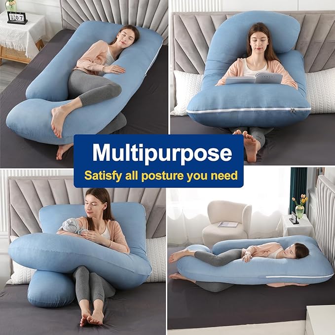 Pregnancy Pillows for Sleeping, U Shaped Full Body Maternity Pillow with Removable Cover, Support for Back, Legs, Belly, HIPS - Cooling Cover(Blue)
