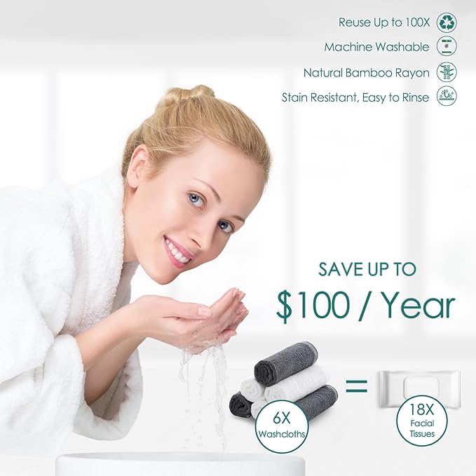 Wash Cloths 6 Pack, Reusable Makeup Remover Towel, 13x13 inch Large Washcloths for Face and Body, Super Soft and Skin Friendly Face Towel on Sensitive Skin, Easy to Rinse Grey Facial Cleaning Cloths