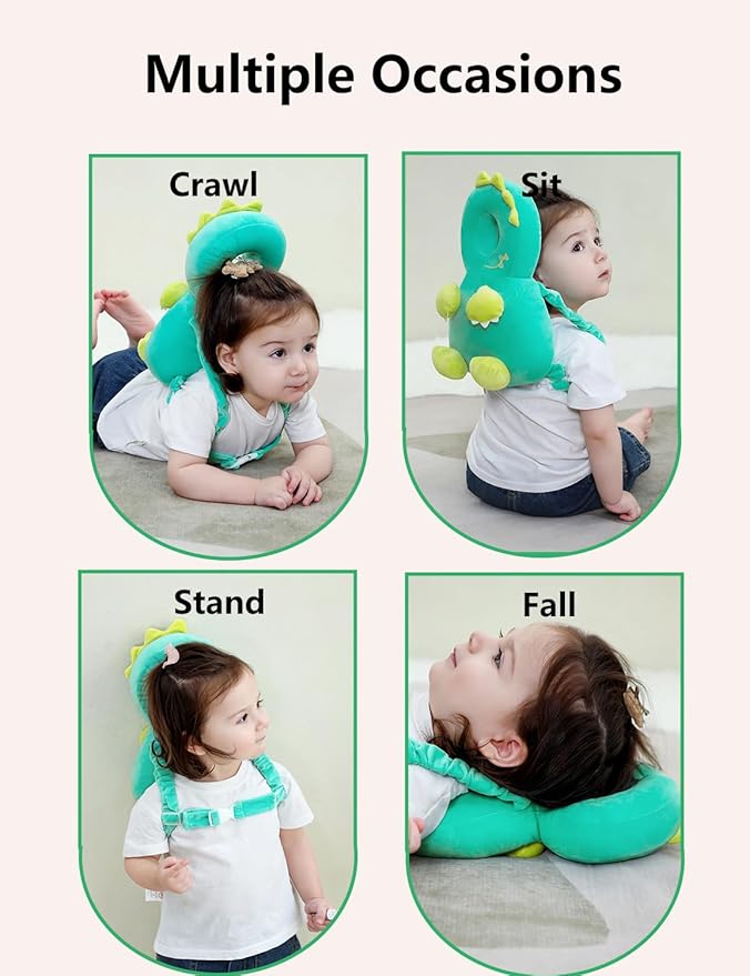 JunNeng Toddler Baby Head Protector Backpack for Toddler Walker with Knee Pads&Anti-Slip Socks, Dinosaur Green