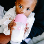 PopYum 5 oz Pink Anti-Colic Formula Making/Mixing/Dispenser Baby Bottles, 2-Pack with #1 Slow Flow Nipples, 150 ml, BPA-Free, Natural Latch