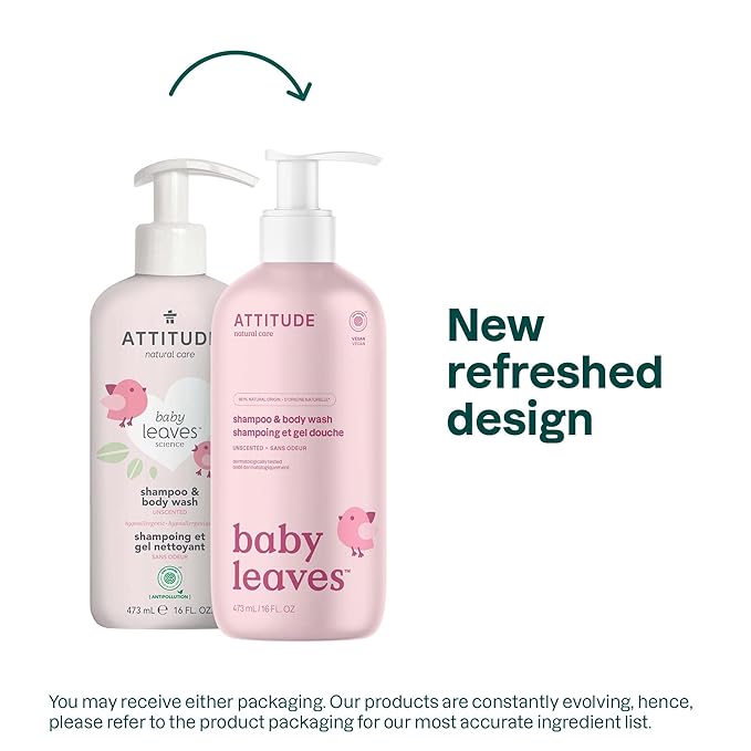 ATTITUDE 2-in-1 Shampoo and Body Wash for Baby, EWG Verified, Dermatologically Tested, Made with Naturally Derived Ingredients, Vegan, Unscented, 16 Fl Oz (Pack of 6)