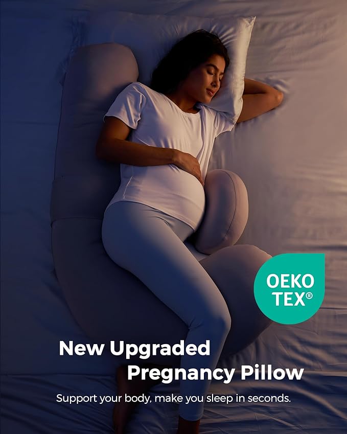 Momcozy Cooling Pregnancy Pillow,Original F Shaped Maternity Pillow for Pregnant Women with Adjustable Wedge Pillow, Full Body Support Pregnancy Pillows for Side Sleeping with Velvet Cover, Light Grey