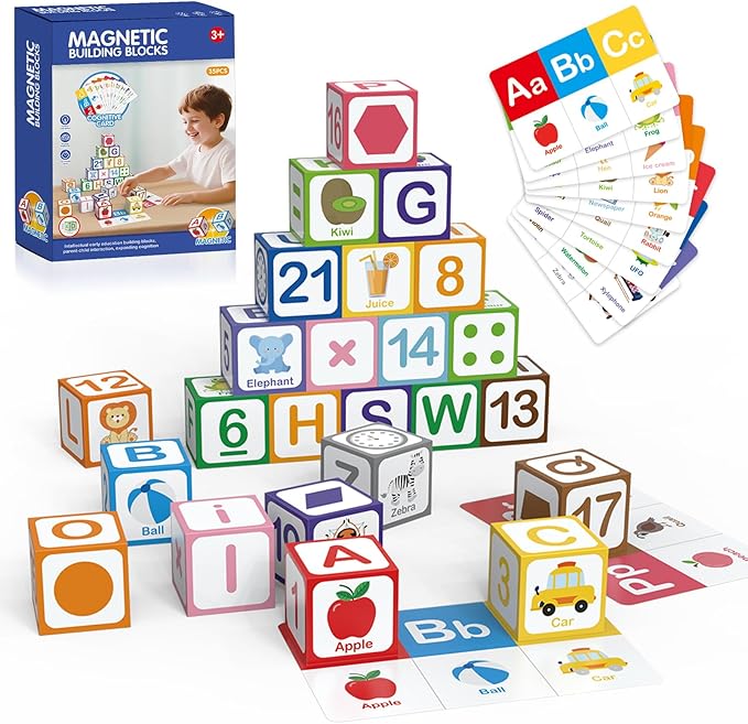 26-Piece Magnetic Blocks for Toddlers 1-3 | STEM Learning Toys with ABC, 123, Animals | Includes 9 Early Learning Cards | Big 1.4-inch Blocks are Choke-Proof and Easy to Grip