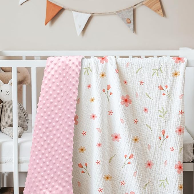 Floral Baby Blankets for Girls Newborn, Soft Nursery Minky Blankets with Muslin and Dotted Fleece Back 30x40 inches, Receiving Bed Quilt for Infants, Toddlers