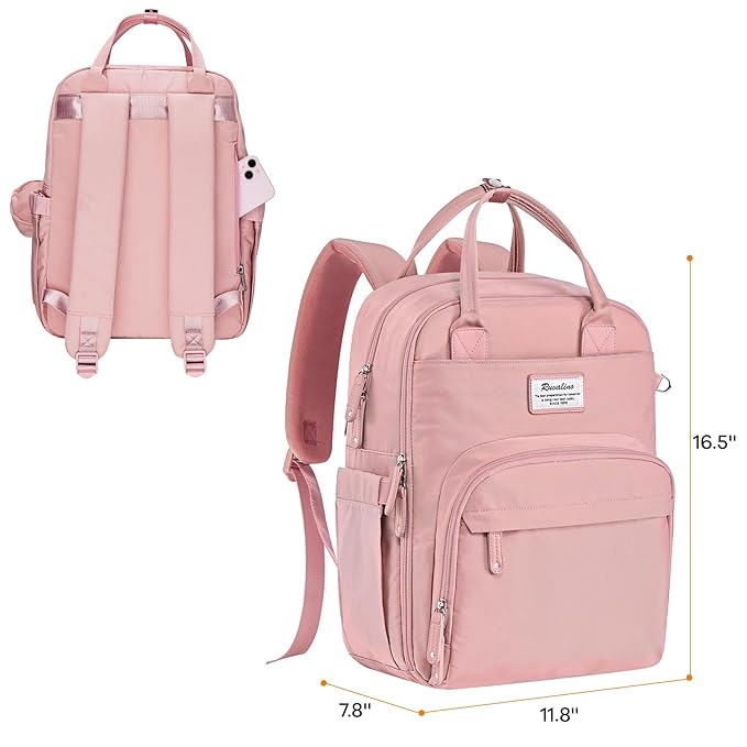 RUVALINO Diaper Bag Backpack, Multifunction Travel Back Pack for Girls, Maternity Baby Changing Bags with Changing Pad for Mom, Large Capacity, Waterproof and Stylish, Pink