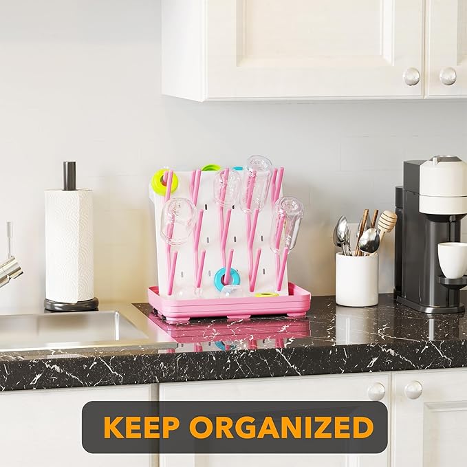 SpaceAid Baby Bottle Drying Rack with 20 Hooks, Space Saving Kitchen Bottles Rack Dryer, Vertical Baby Bottle Holder Organizer for Countertop Storage Accessories (White and Pink)