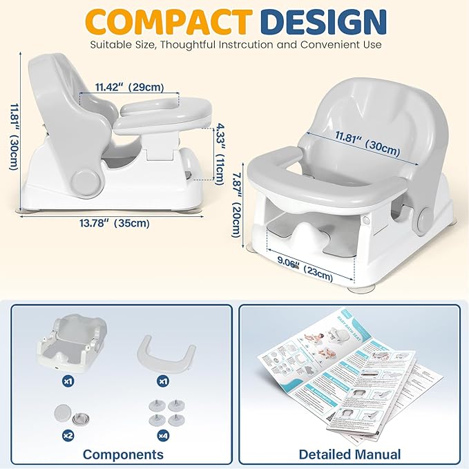 Orzbow Baby Bath Seat for Babies Sitting Up, Bath Seats for Babies 6-12-24 Months & Up with Adjustable Backrest, Non-Slip Baby Bathtub for Newborn Infant Toddler, Strong Suction & Comfortable, Gray