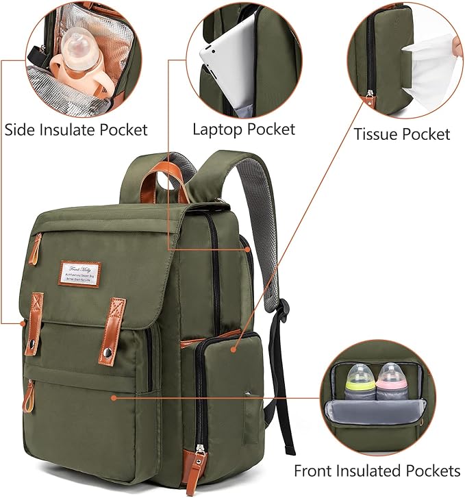 Frank Mully Diaper Bag Backpack Large Multifunction Travel Baby Bag for Mom Dad Army Green