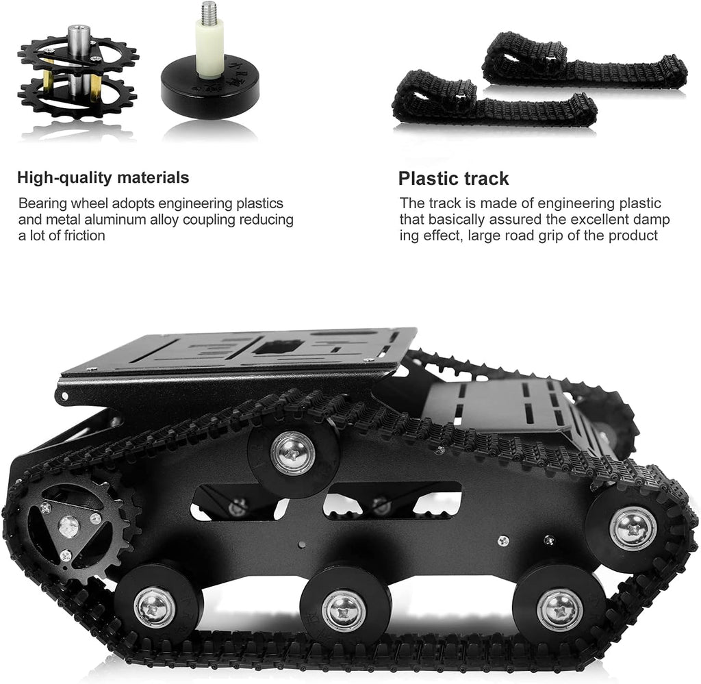 Tank Car Chassis with Motor, Shock Absorbing Robot Chassis Full-Metal Robotic Moving Platform Track Chassis for RaspberryPi Arduino DIY Maker Smart Robot Car Chassis Kit (Black, With Encoder motor)