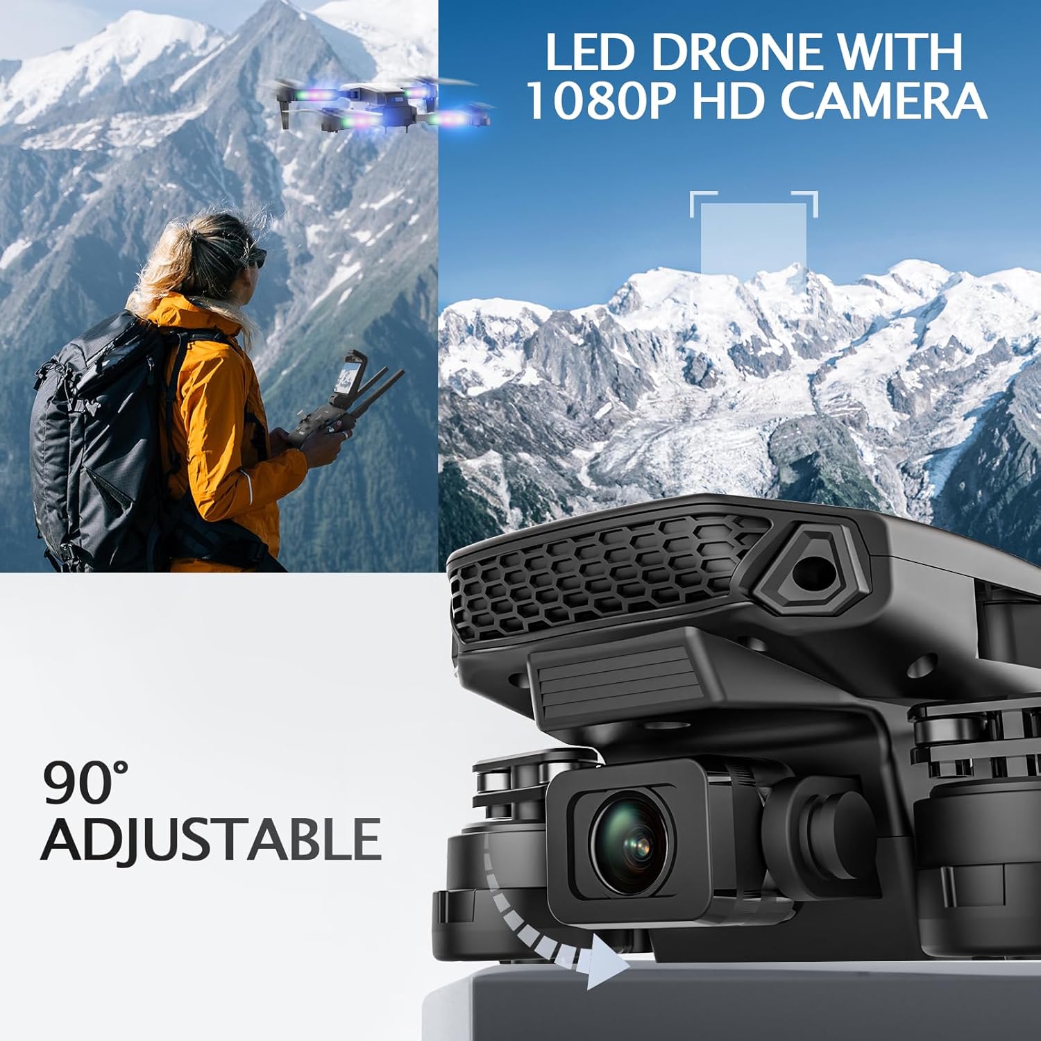 Drone with Camera 1080P HD, Foldable Mini FPV Drones with LED Lights for Adults Kids and Beginners, Toys Gifts RC Quadcopter with One Key Take Off, 3D Flips for Boys Girls with 2 Batteries, Black