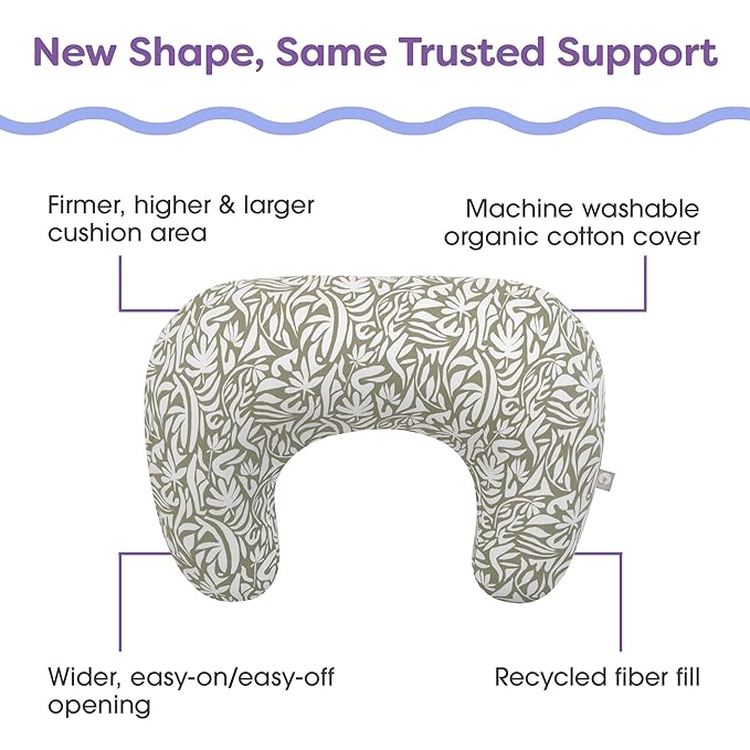 Boppy Nursing Pillow - Ergonomic Bottle & Breastfeeding Pillow, Higher, Firmer & Larger, Water-Repellent with Washable Organic Cotton Cover, Baby Safety Alliance Verified - Green Cut Out Leaves