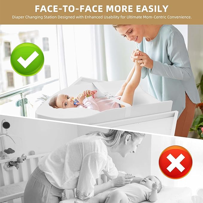 KORIMEFA Changing Table with Drawers, Corner Baby Diaper Changing Station with Laundry Hamper, Storage Bin, and Contoured Pad for Baby - White