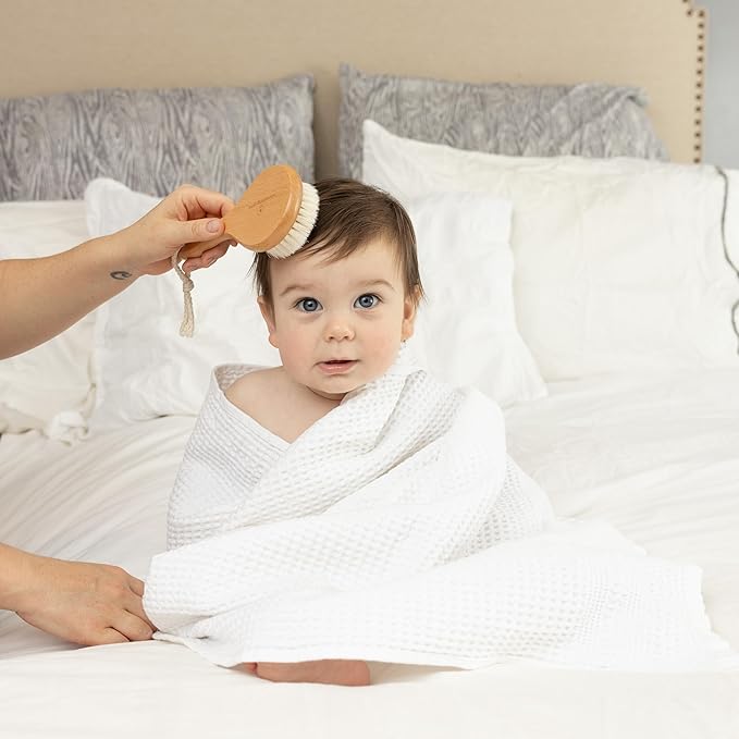 Natural Baby Hair Brush Set with Boho Bag - Goat Hair Cradle Cap Brush, Toddler Brush and Comb - Scalp Grooming Baby Hairbrush for Newborn and Infant, Wooden Brushes for Boys and Girls