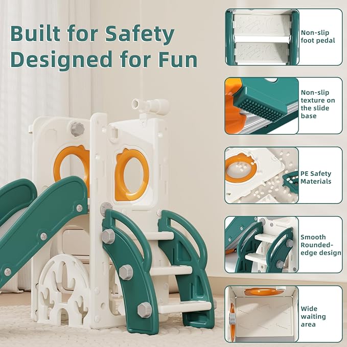 KORIMEFA 7 in 1 Toddler Slide, Kids Slide for Toddlers Baby 1-3 Years Old, Indoor and Outdoor with Basketball Hoop & Golf Set, Plastic Slides for Kids Easy Assembly, Green