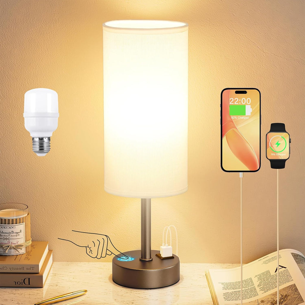 Bedside Touch Table Lamps for Bedroom Nightstand with USB-C USB-A Charging Ports, White & Brown 3 Way Dimmable Small Desk Lamp for Office, Living Room, Reading, Dorm