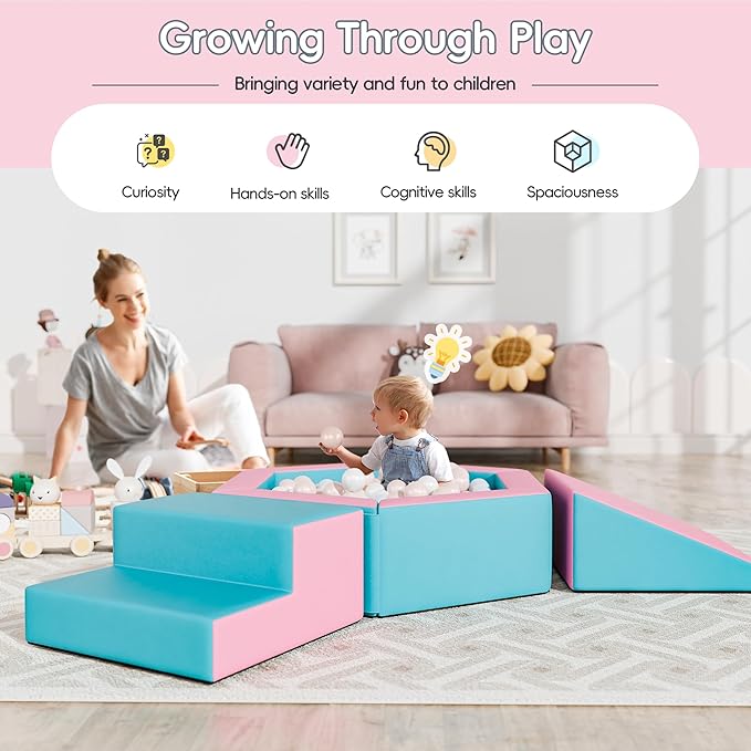 Foam Climbing Blocks for Girls Toddlers,Pink Soft Play Set Ball Pit,Climb & Crawl Foam Playset for Kids, Toddler Climber Indoor with Pad,Easy to Clean