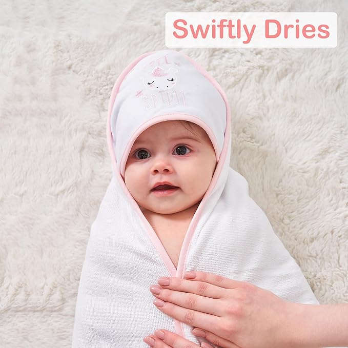 Viviland Baby Towels and Wash Cloths Set - Hooded Towels, Face Towels, Burp Cloths or Wipes - Absorbent Bath Towels - 6-Pack, Size 28 x 28 Inch (Pink Unicorn)