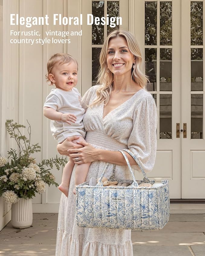 Blissful Diary Floral Diaper Caddy Organizer, Stylish Nursery Storage Basket, Gift for Baby Shower, Baby Registry Must Have, Newborn Essentials, Blue Floral