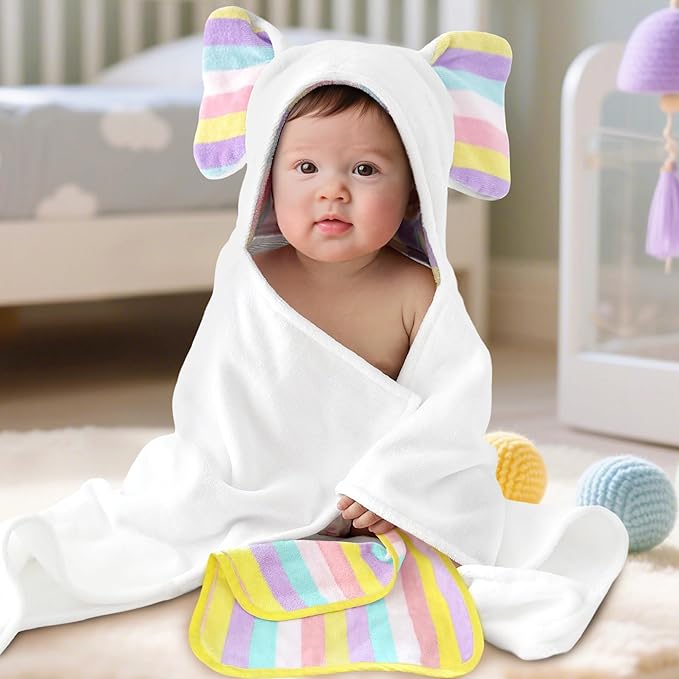 VOOVA & MOVAS Thick Baby Hooded Bath Towel - 100% Cotton,500GSM, 33x31.5 Inches,0-2Years, Super Absorbent Large Towel with Cute Elephant Ears Hood for Newborn, Baby, Infant, White