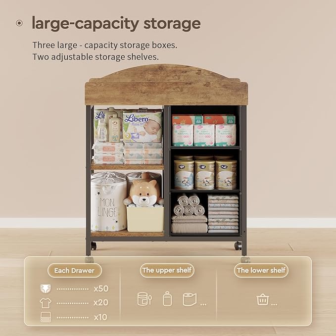 Changing Table Dresser, Baby Dresser with 3 Fabric Drawers and 2 Shelves, Multi-Functional Baby Changing Table with Pad, Classic Nursery Dresser, Diaper Changing Station, Rustic Brown