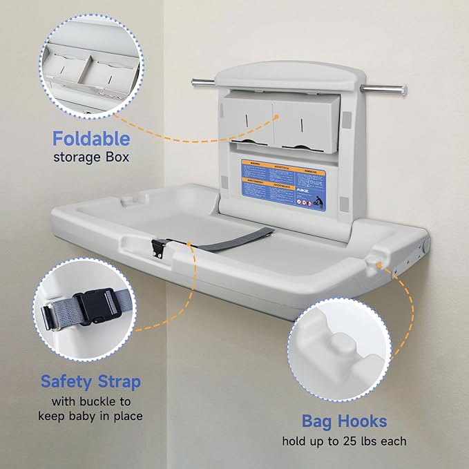 AIKE Commercial Horizontal Baby Changing Station, Wall Mounted Foldable Baby Diaper Changing Table ADA Compliant, Grayish White