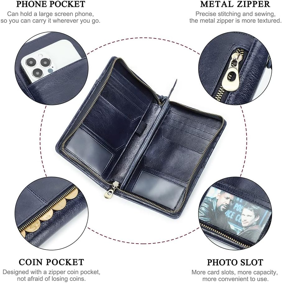 CONTACTS Passport Wallet Leather Family Passport Holder for 4 Travel Documents Organizer RFID Blocking Zipper Blue Card Wallet with 13 Card Slot