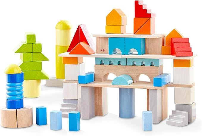HABA Colored Wooden Building Blocks - Set of 85 Piece Set of Wooden Toys, Stacking Toys for Toddlers 1-3 Ideal Open Ended STEM Play (Made in Germany)