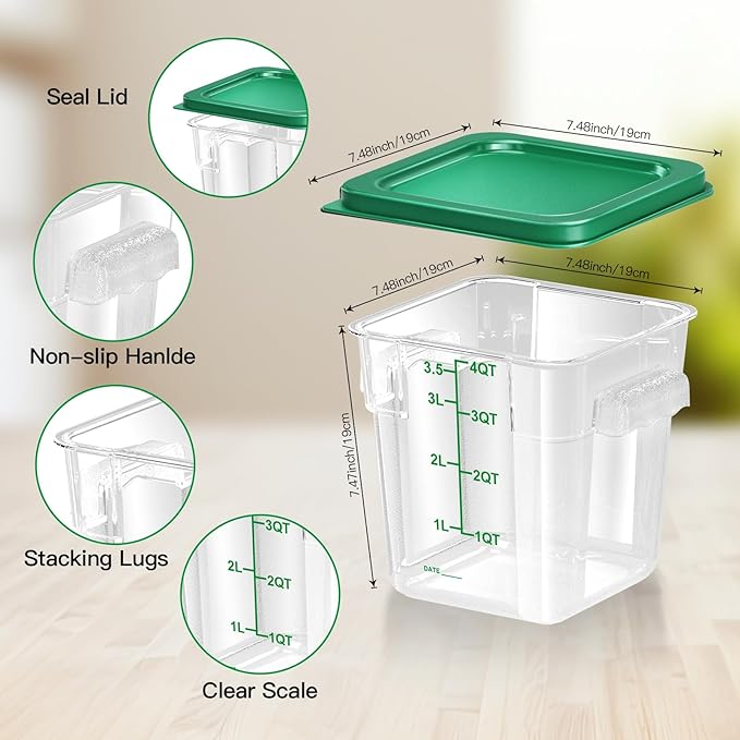 4 pcs 4qt Food Storage Containers with Lid, Square Clear Commercial Food Storage Containers with Handle and Scale for Food Storage in Home Kitchen & Dining (Green)