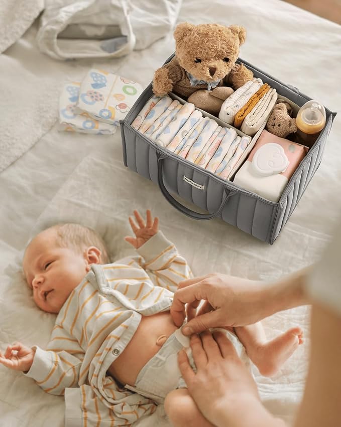 Blissful Diary Baby Diaper Caddy Organizer, Stylish Storage Basket for Newborn Essentials and Diaper Station, Gift for Baby Shower and Registry Must-Have, Light Gray