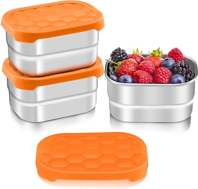 HaWare Stainless Steel Snack Containers for Toddlers and Kids, 8 oz Leak Proof Food Storage Containers with Silicone Lids, Stackable & Reusable Small Metal Lunch Box for Daycare and School- 3 Packs
