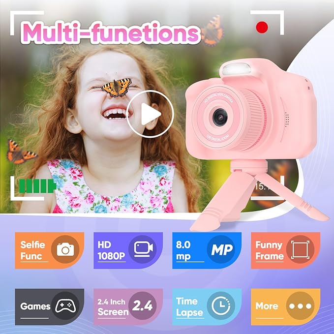 Seckton Upgrade Kids Selfie Camera, Birthday Gifts for 5 6 7 8 9 10 Year Old Girls, HD Digital Cameras for Kids with Flash, 2.4" Portable Camera Toys for 3-12 Year Old Girls-Pink