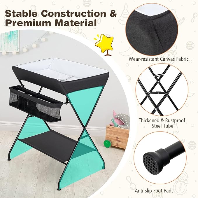 Costzon Changing Table, Portable Baby Changing Table Foldable Diaper Changing Station with Safety Belt, Large Storage Rack & Shelf, Nursery Organizer for Newborn Infant (Black)