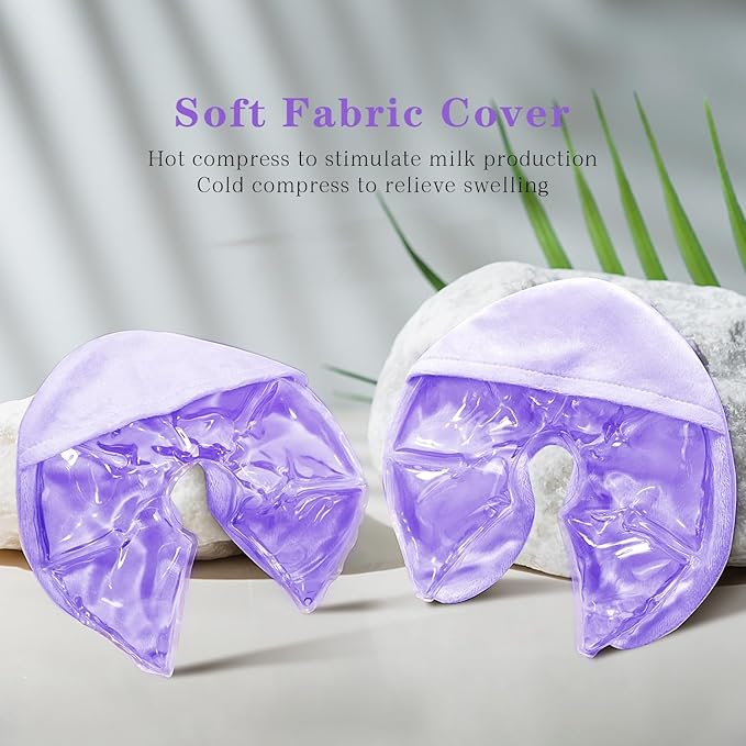 Breast Ice Packs, Hot & Cold Gel Therapy Pads for Breastfeeding, Postpartum Nursing, Engorgement, Mastitis, Pain Relief Breast Packs with Soft Covers, 2 Pack(Purple)