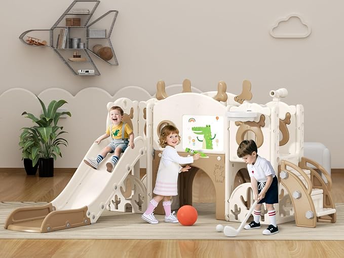 XJD 13 in 1 Toddler Slide Set, Kids Slide for Toddlers Age 1+, New Upgrade with Golf Set, Basketball Hoop, Drawing Board for Indoor Outdoor Playset,Toddler Playground (Brown)