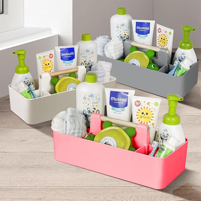 Baby Shower Caddy Plastic Nursery Portable Storage Organizer Caddy Tote for Child/Kids, Divided Basket Bin with Wood Handle for Bathroom, Dorm Room, Holds Hand Soap, Bottles, Spoons (Pink)