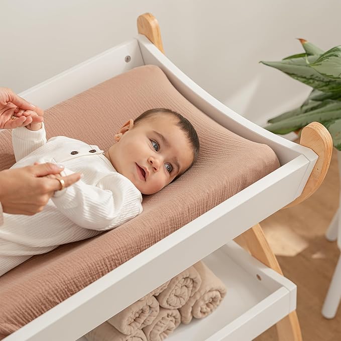 Comfy Cubs Baby Changing Table - Sturdy Wood Construction, Timeless Look Baby Change Table with Two Open Shelves for Infant Daycare Essentials Storage - White with Natural Wood Legs