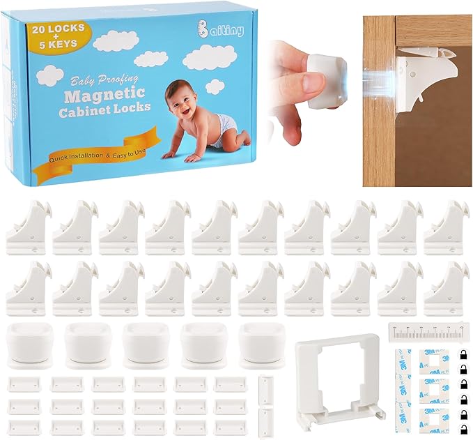20 Pack Magnetic Cabinet Locks Baby Proofing - Baitiny Child Proof Cupboard Drawers Latches - Adhesive Easy Installation