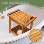 Teak Shower Bench-Solid Teak Wood Shower Chair with Towel Bars & Storage Shelf, Stable Non-Slip Bathroom Stool for Elderly & Recovery, Heavy Duty Shower Seat for Inside Shower & Tub Safety 17 inch