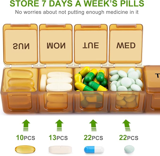 BUG HULL Weekly Pill Organizer Large 2 Packs, Extra Large Travel Pill Organizers, Pill Box 7 Day, Travel Pill Case, Medicine Pill Organizer for Vitamins, Supplements and Medications (Brown+White)