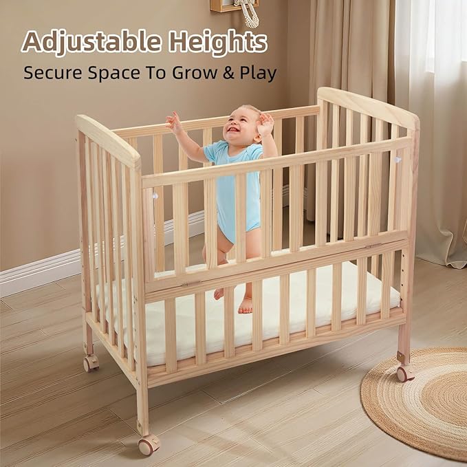 Baby Bassinets Bedside Sleeper - Portable Pine Wood Bedside Bassinet,6 Heights Small Mini Crib with Mattress,Space-Saving Design Baby Crib for Newborns 0-12 Months,Unpainted