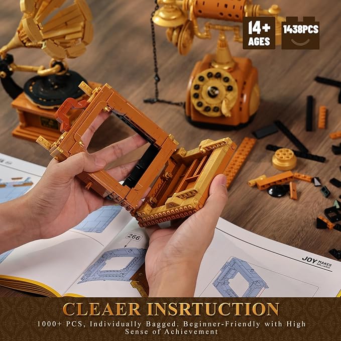JMBricklayer Camera Telephone Record Player Building Block Sets for Adults, Retro 3 in 1 Set Building Toy 20039, Vintage Display Model Kit for Office Room Decor Collectible Gift for Adult Men Kids 14+