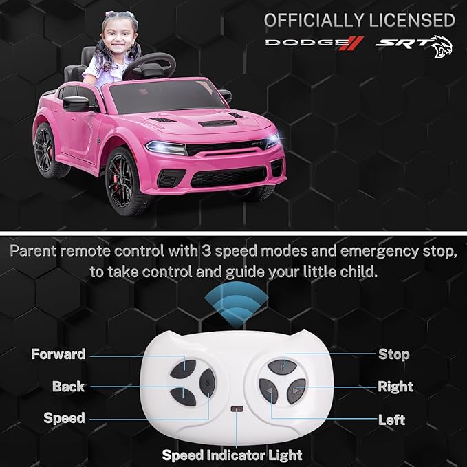 12V 7Ah Kids Electric Ride on Car, Licensed Dodge Charger SRT Hellcat, Battery Powered 4-Wheels Toy Car Electric Vehicle for Kids with Remote Control, 3 Speeds, LED Lights, Music (Pink)